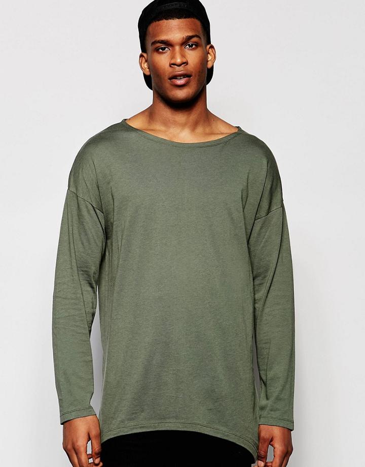 Asos Oversized Super Longline Long Sleeve T-shirt With Step Hem - Khaki