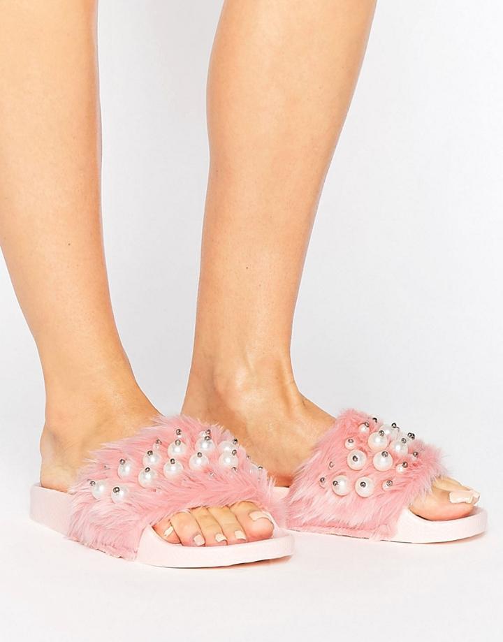 Truffle Collection Pink Fur Pearl Slides - Pink