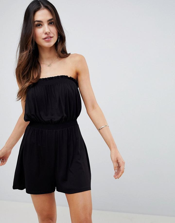 Asos Design Bandeau Jersey Romper With Shirred Waist - Black