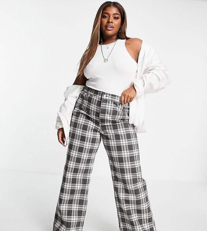 Asos Design Curve High Rise 'relaxed' Dad Jeans In Washed Check With Elasticated Back Waist-multi