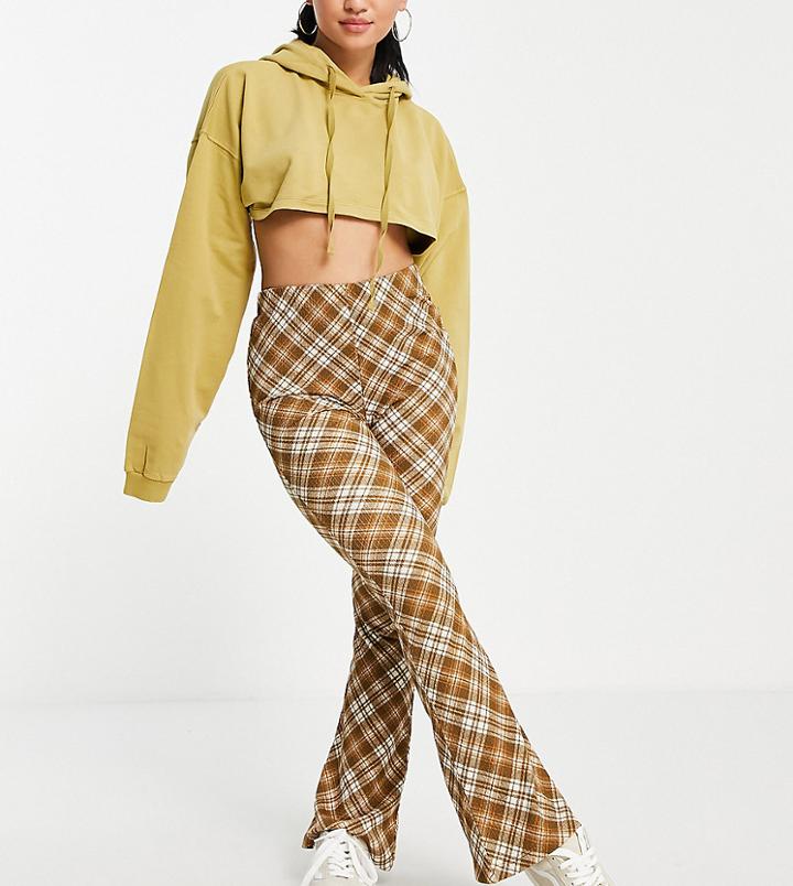 Topshop Tall Crinkle Flared Pant In Brown Check Print-multi