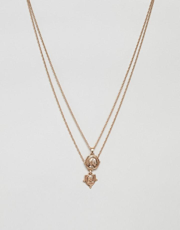 Asos Design Layered Necklaces With Vintage Style Roman Coins In Gold - Gold