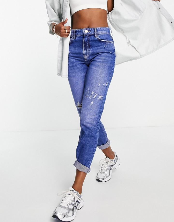 River Island High Rise Mom Jeans With Rips In Bright Blue
