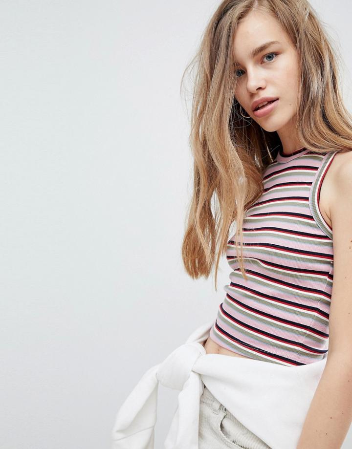 Pull & Bear Razor Back Crop Top In Multi Stripe - Multi