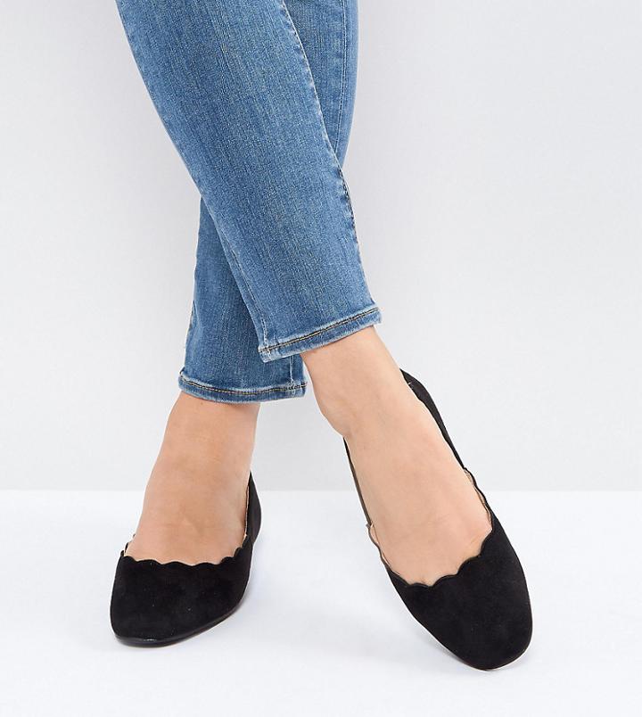 Lost Ink Wide Fit Whisper Black Scallop Ballet Flats - Black