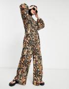 Asos Design Shirred Jumpsuit In Warm Floral Print-black
