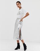 Neon Rose Midi Skirt In Sequin - Silver