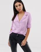 Asos Design Relaxed Satin Long Sleeve Shirt-purple