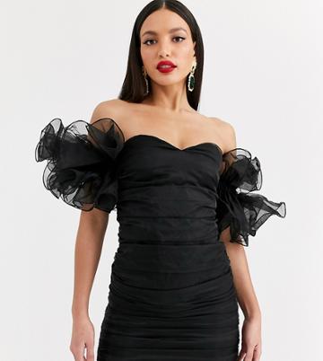 Club L London Tall Extreme Ruffle Sleeve Ruched Mini Bardot Dress In Black - Black
