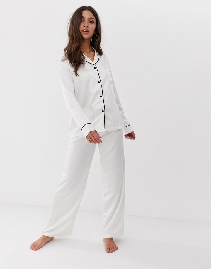 Bluebella Claudia Long Satin Shirt And Pants Pyjama Set In Cream - White