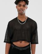 Asos Design Cropped Oversized T-shirt With V-neck In Mesh In Black - Black