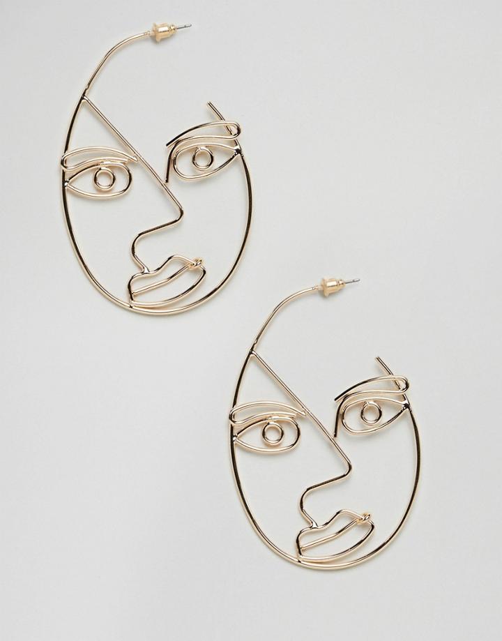 Asos Design Hoop Earrings With Large Abstract Face In Gold - Gold