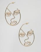 Asos Design Hoop Earrings With Large Abstract Face In Gold - Gold