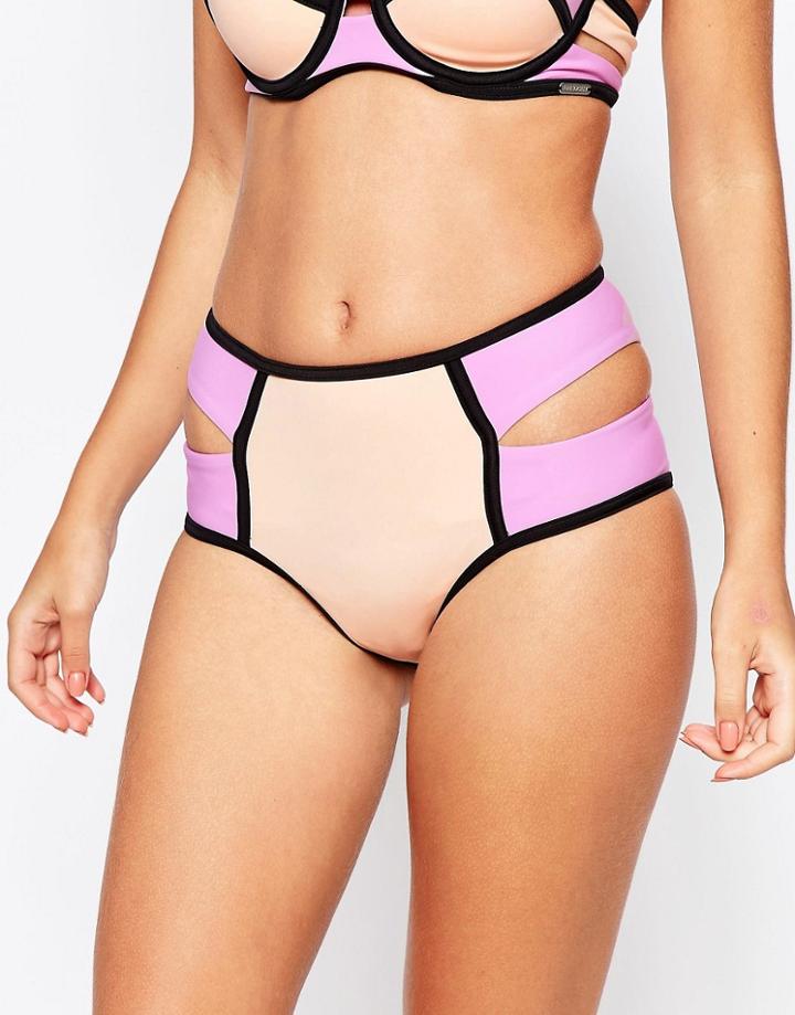 Free Society Block My World Scuba Cut Out High Waist Bikini Bottom - Pink