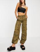 Bershka Satin Cargo Pocket Detail Pants In Khaki - Part Of A Set-green