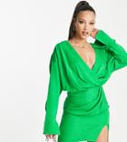 Asos Design Tall Cuffed Long Sleeved Satin Mini Dress With Pleat Detail Skirt In Green
