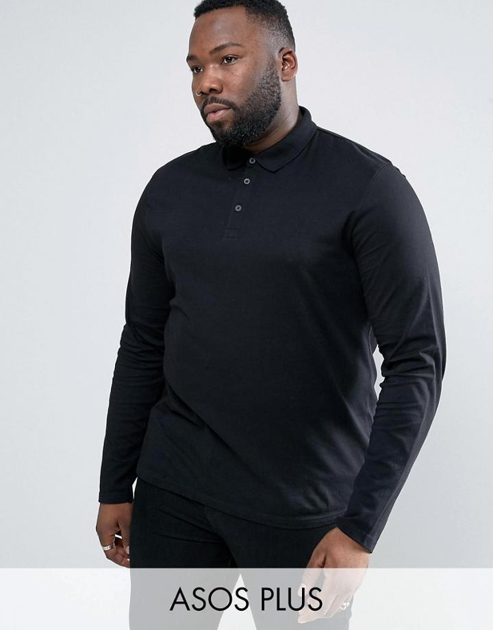 Asos Plus Long Sleeve Jersey Polo In Black - Black