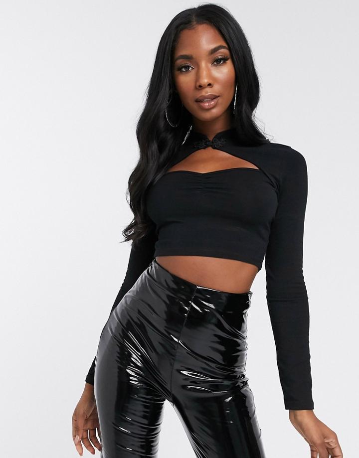 Asos Design Mandarin Crop Top Black Long Sleeve In Black