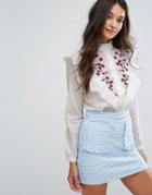 New Look Floral Embroidered Ruffle Blouse - White