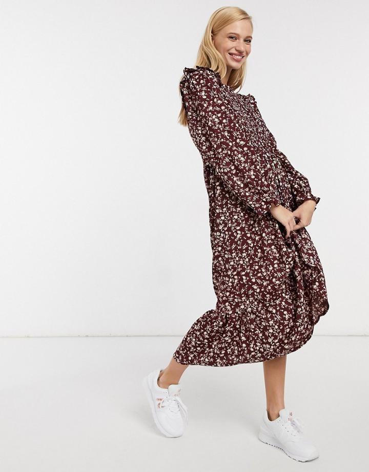 Mango Midi Floral Dress With Shoulder Frill In Burgundy-multi
