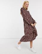 Mango Midi Floral Dress With Shoulder Frill In Burgundy-multi
