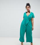 Asos Design Curve Wrap Jumpsuit With Horn Button And Culotte Leg - Green