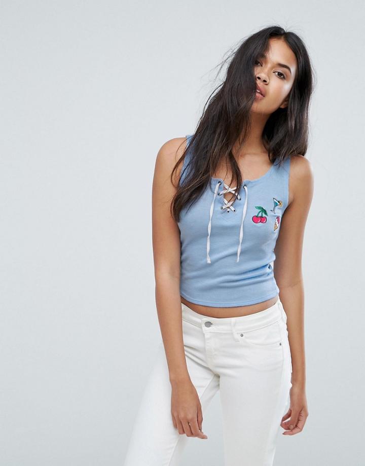 Brave Soul Juno Tie Front Tank With Badges - Blue