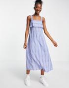 En Cr Me Midi Smock Layered Dress With Tie Back In Blue Spot-blues