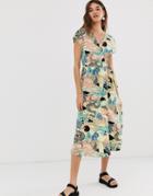 Monki Wrap Front Midi Dress With Abstract Print In Pink