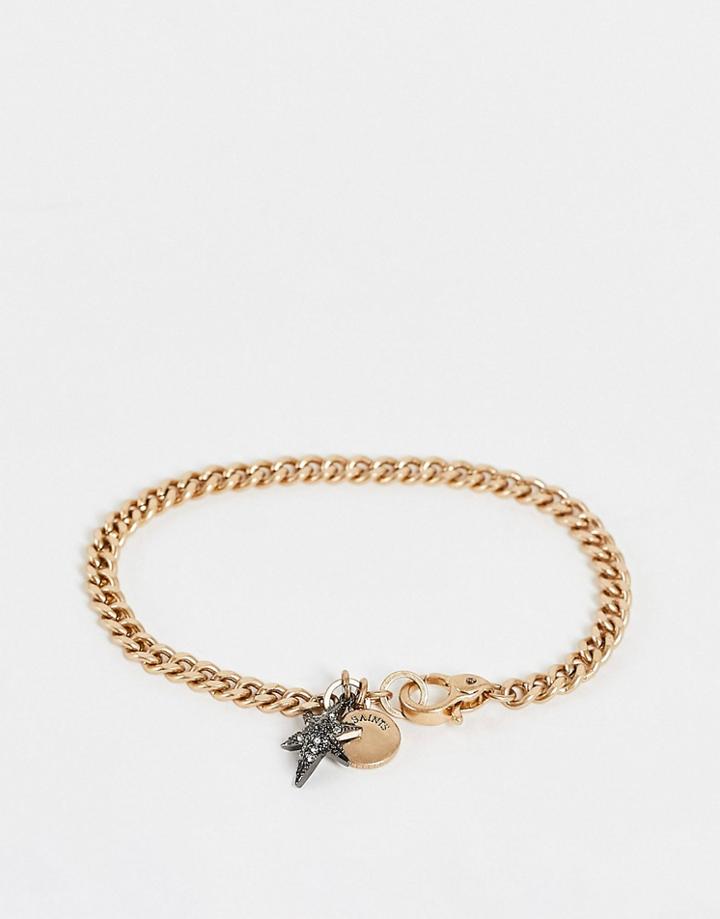 Allsaints Black Rhinestone Star Pendent Thick Chain Bracelet In Gold
