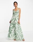 Asos Design Polyester Cami Twist Front Maxi Dress In Green Smudge Print - Multi
