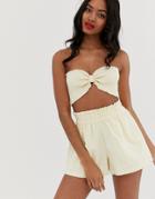 Asos Design Denim Shirred Crop Top In Pale Yellow - Cream