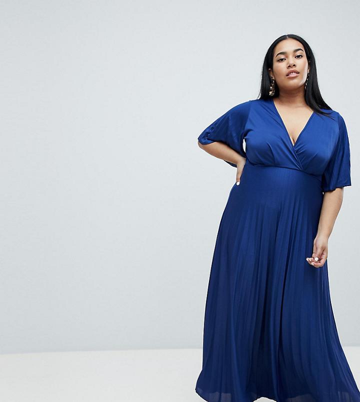 Asos Design Curve Kimono Pleated Maxi Dress - Navy