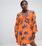 River Island Plus Floral Print Frill Tea Dress - Orange