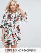Fashion Union Petite Floral Printed Fluted Sleeve Dress - Multi