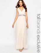 Little Mistress Tall Plunge Front Maxi Dress With Embellishment - Cream