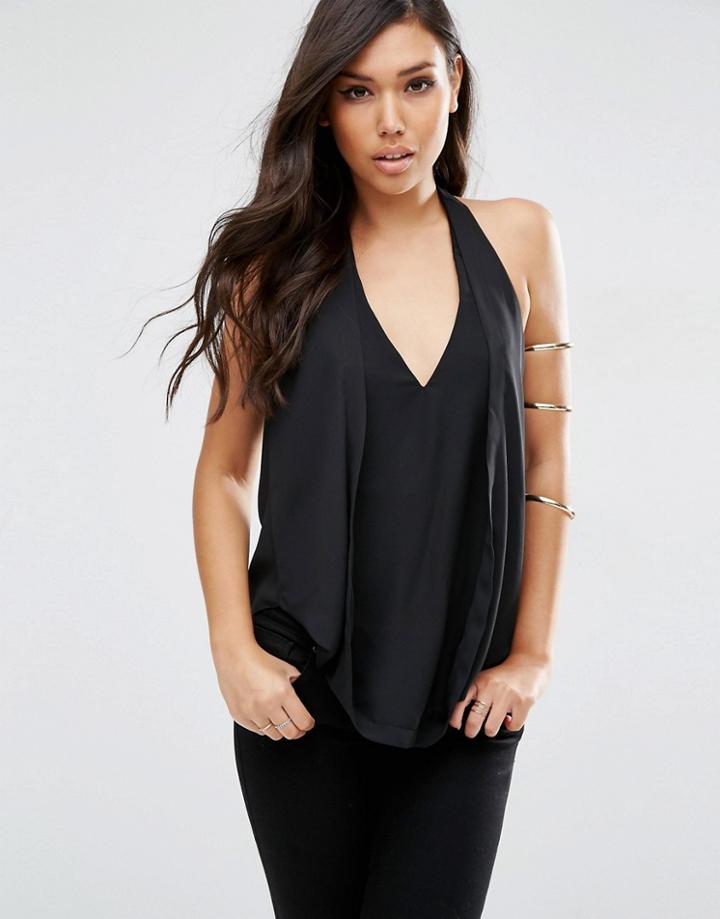 Asos Drape Plunge Halter Top With Hidden Bandeau - Black