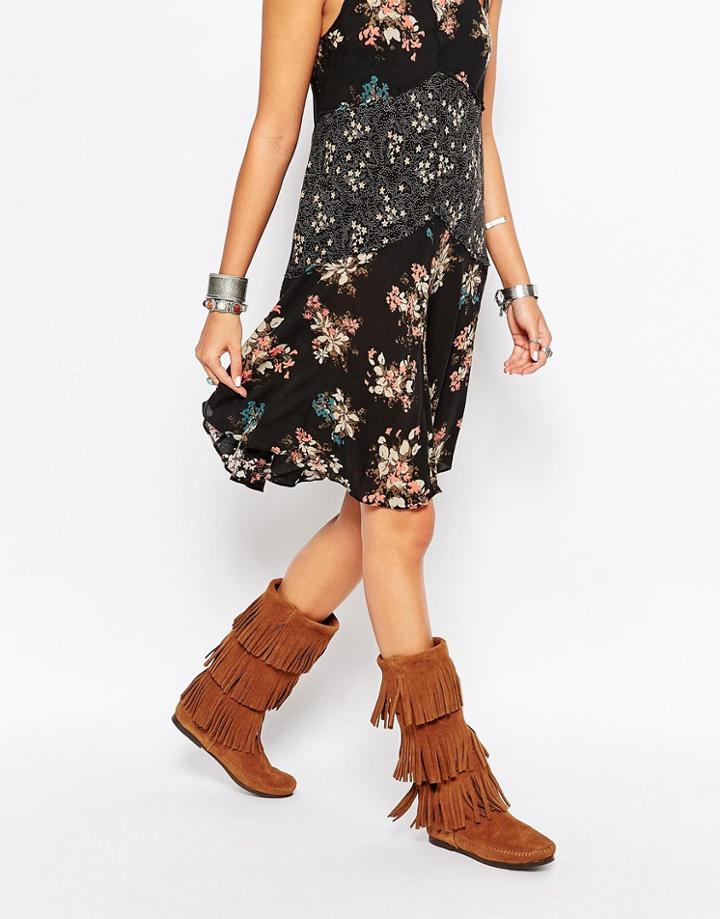 Minnetonka Brown Suede 3 Layer Fringe Boots - Dusty Brown Suede