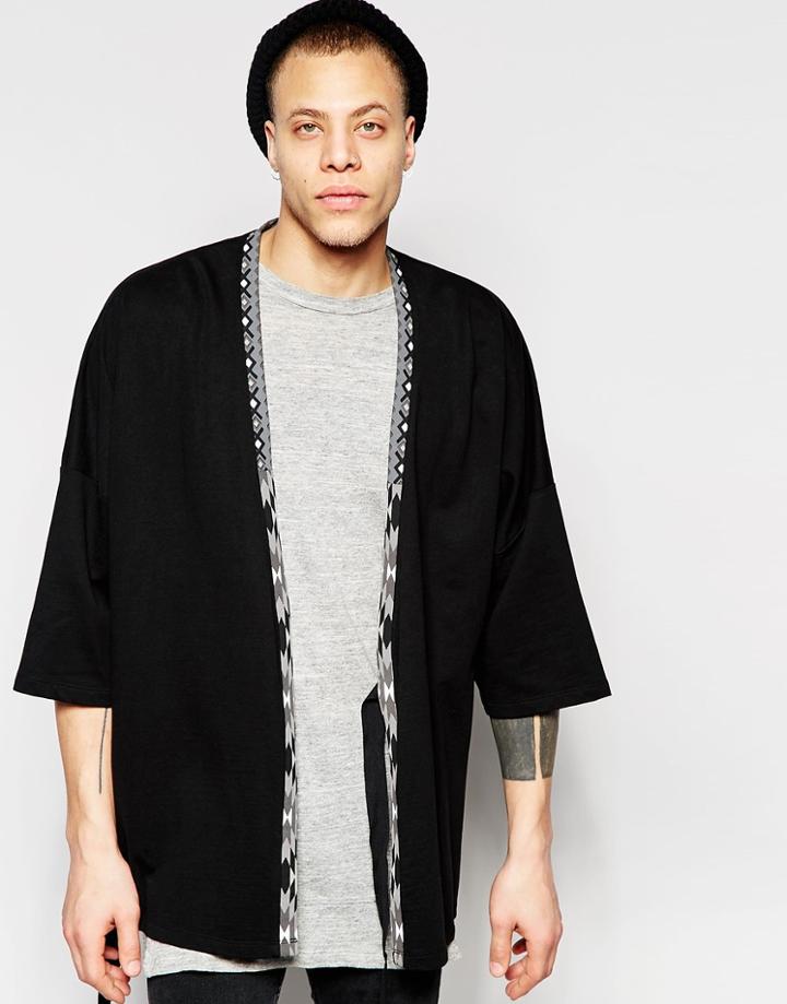 Asos Longline Kimono Cardigan With Aztec Print In Black - Black