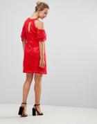 Little Mistress Cold Shoulder Lace Shift Dress-red