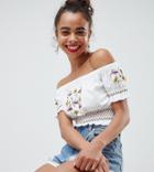 Asos Design Petite Off Shoulder Top With Floral Embroidery-white