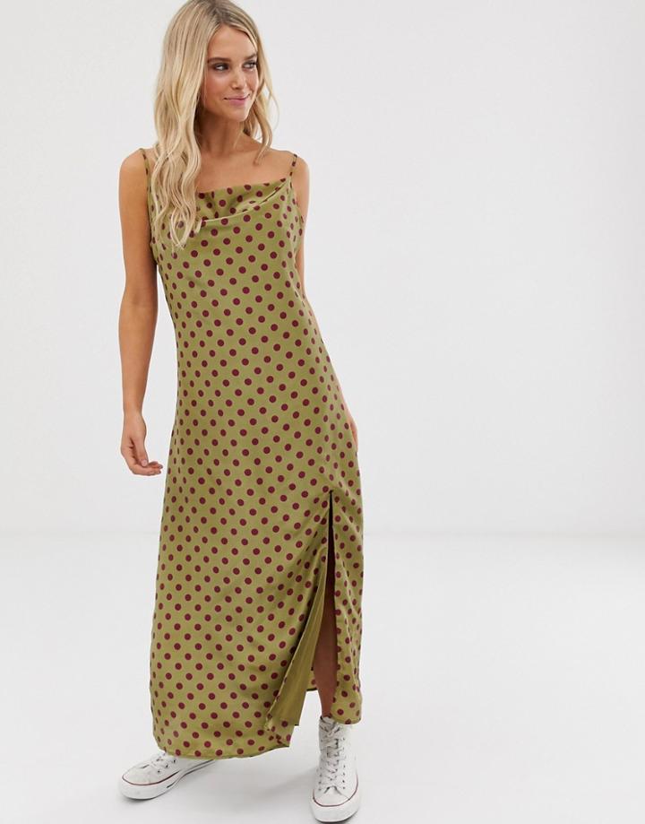 Glamorous Satin Cowl Neck Midi Dress In Polka-green