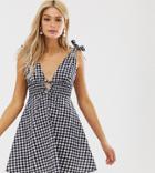 Asos Design Tall Tie Shoulder Plunge Mini Sundress With Shirred Waist In Gingham-multi