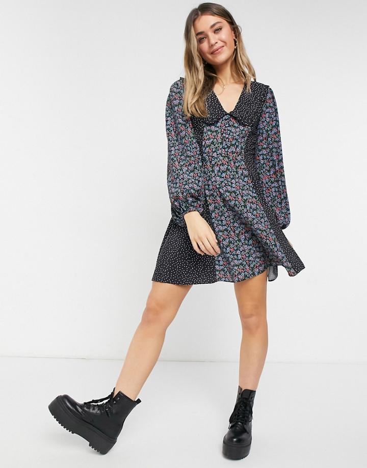 Asos Design Button Front Mini Skater Dress With Collar In Mixed Ditsy Floral-multi