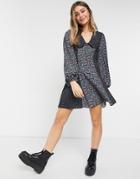 Asos Design Button Front Mini Skater Dress With Collar In Mixed Ditsy Floral-multi