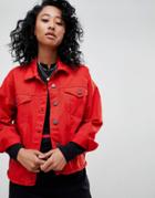 Noisy May Red Denim Jacket With Raw Hem - Red