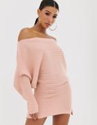 Asos Design Ripple Off Shoulder Sweater Dress-pink