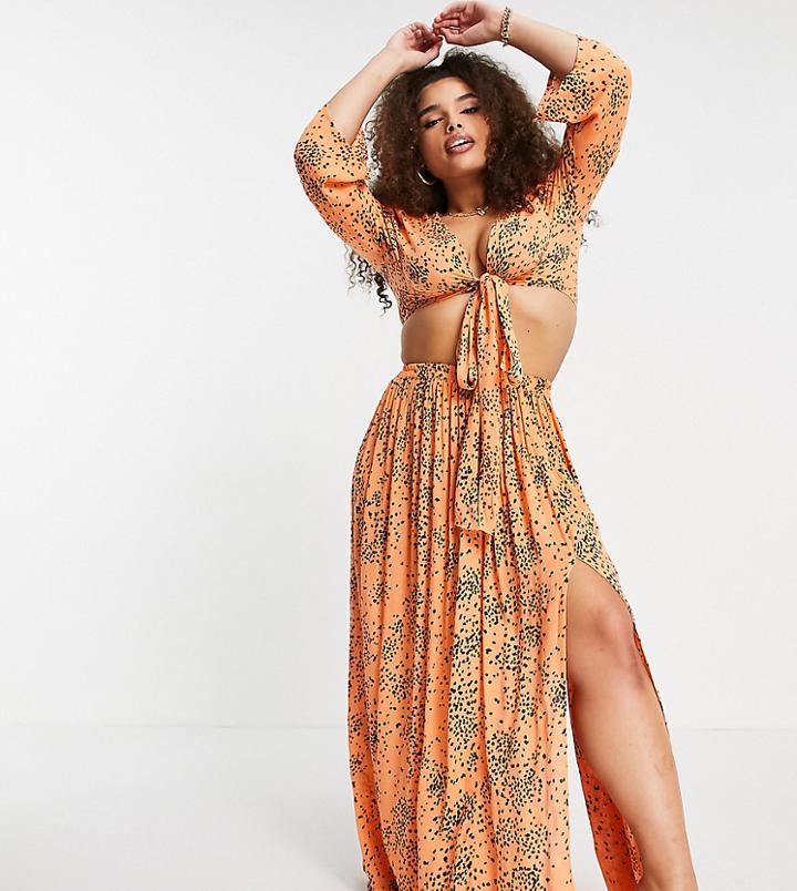 Asos Design Curve Maxi Beach Skirt In Crinkle Orange Spot Print - Part Of A Set-multi