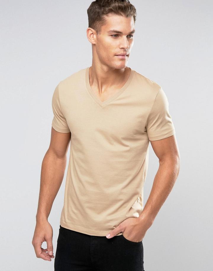Asos T-shirt With V-neck - Beige