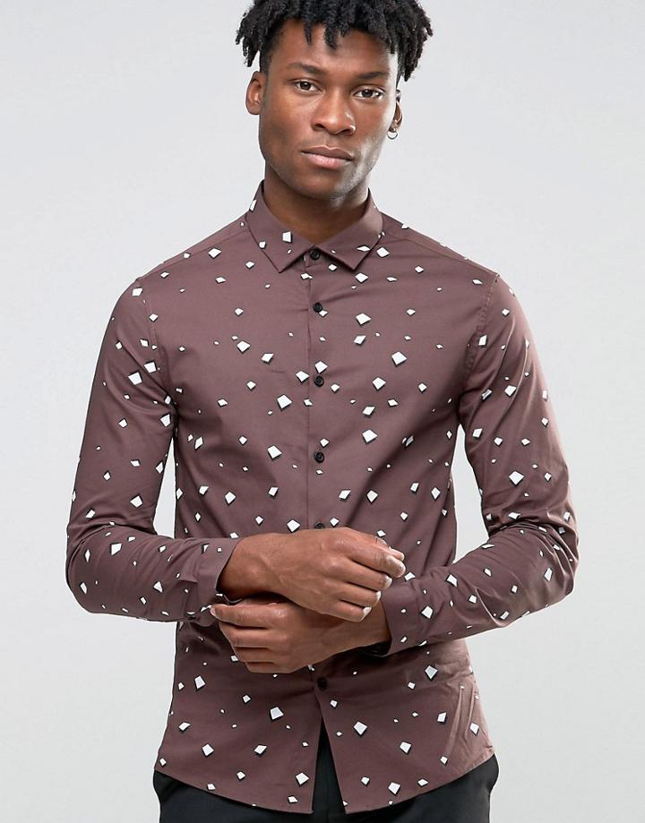 Asos Skinny Shirt In Brown Shadow Geo Print - Red